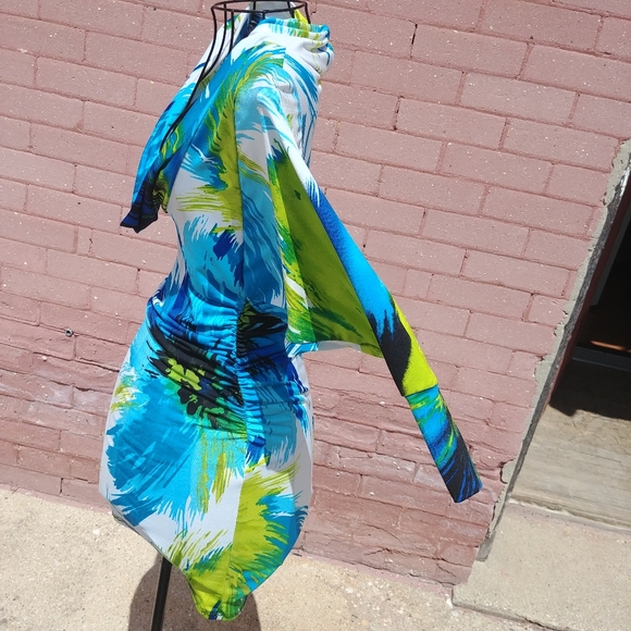 Neon Bright Colorful Bodycon Beautiful stretch cowl neck dress size small - Picture 2 of 12